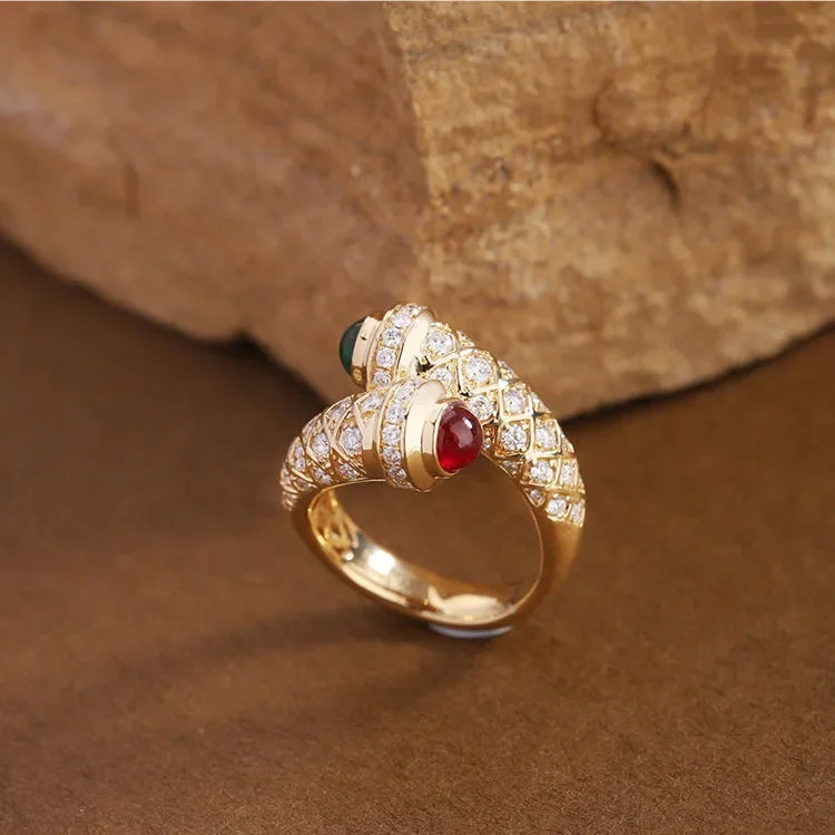 Vintage Retro Ring 18K Gold Ruby Emerald Resizable Rings