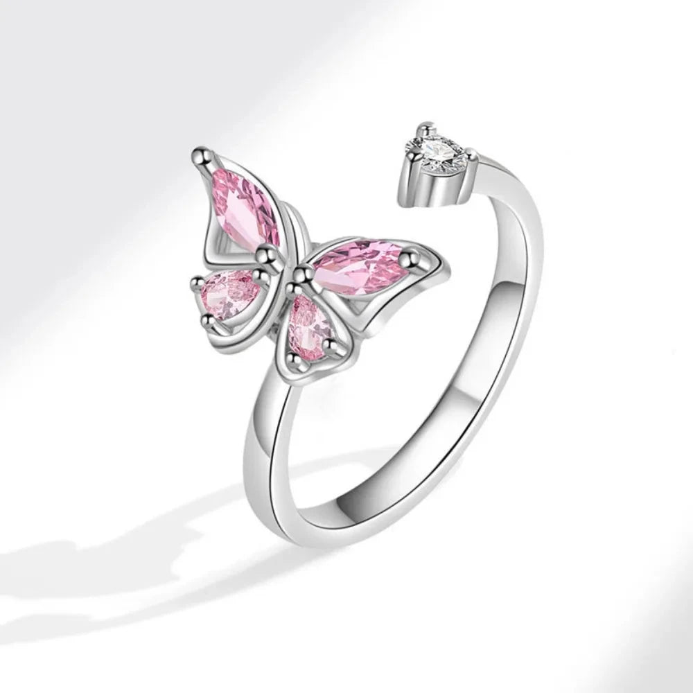 Rotate Crystal Butterfly Silver Ring for Women
