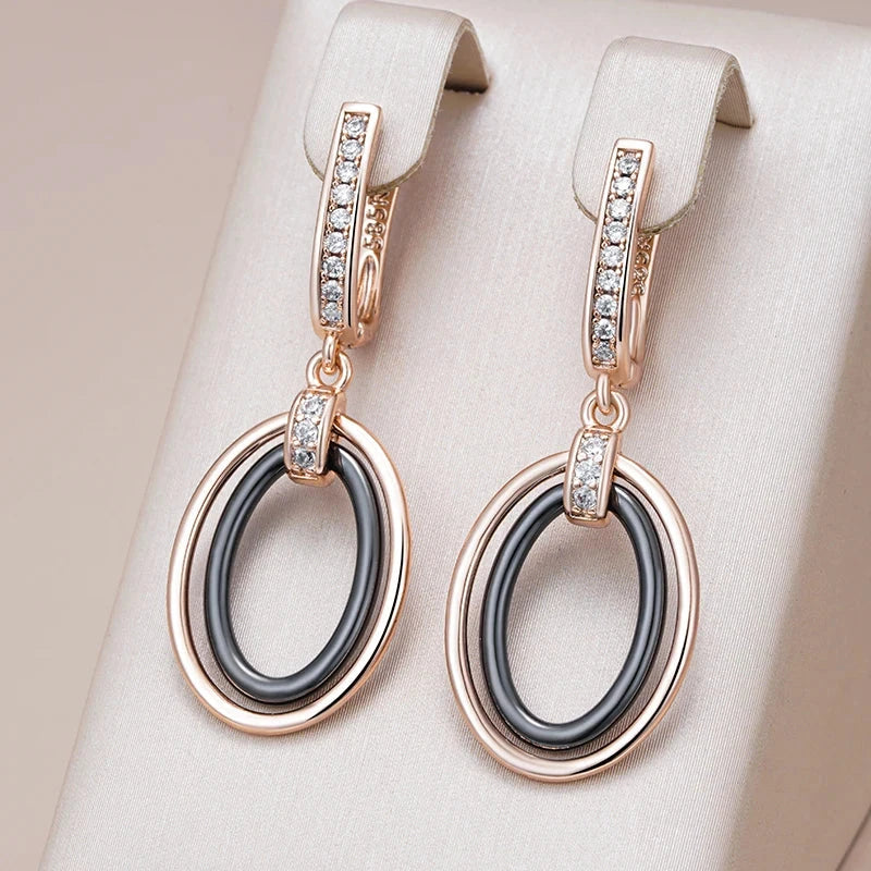 585 Rose Gold Oval Black Ceramics Long Drop Earrings For Women