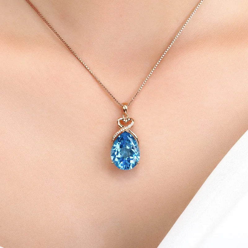 Real 14K Rose Gold 3 Carats Sapphire Stone Pendant OnlyBlue