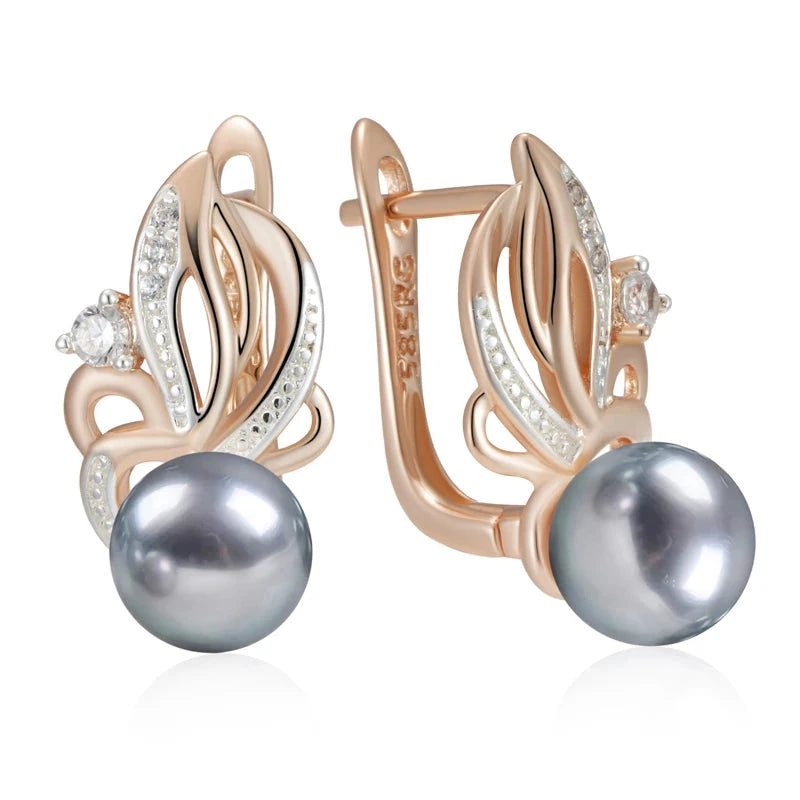 585 Rose Gold Natural Zircon Flower Gray Pearl Drop Earrings for WomenH2373