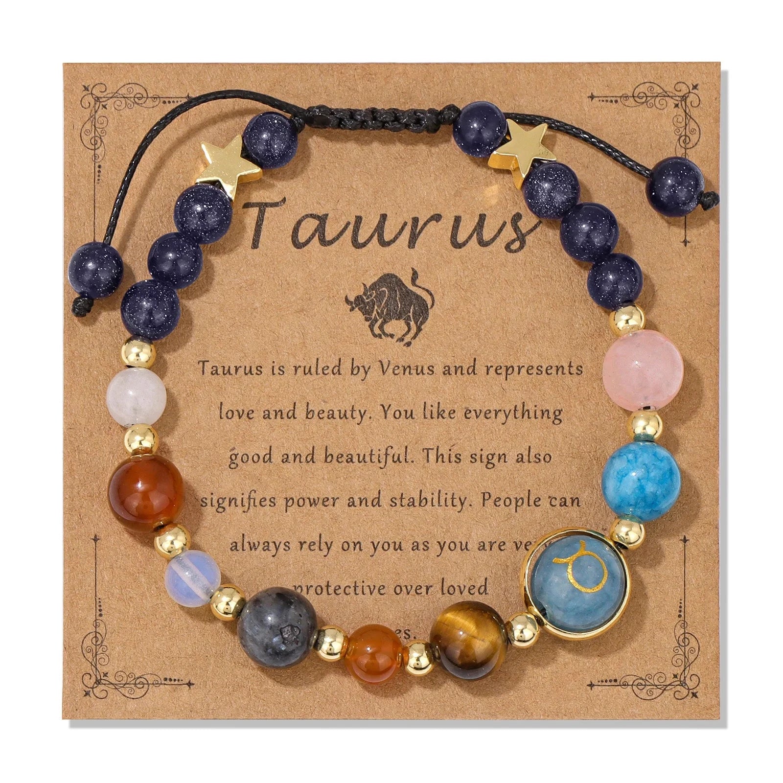 12 Zodiac Signs Natural Stone BraceletTaurusAdjustable
