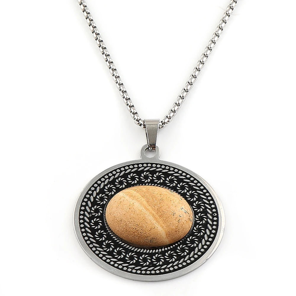 Bohemian oval stone pendant, Sand stone