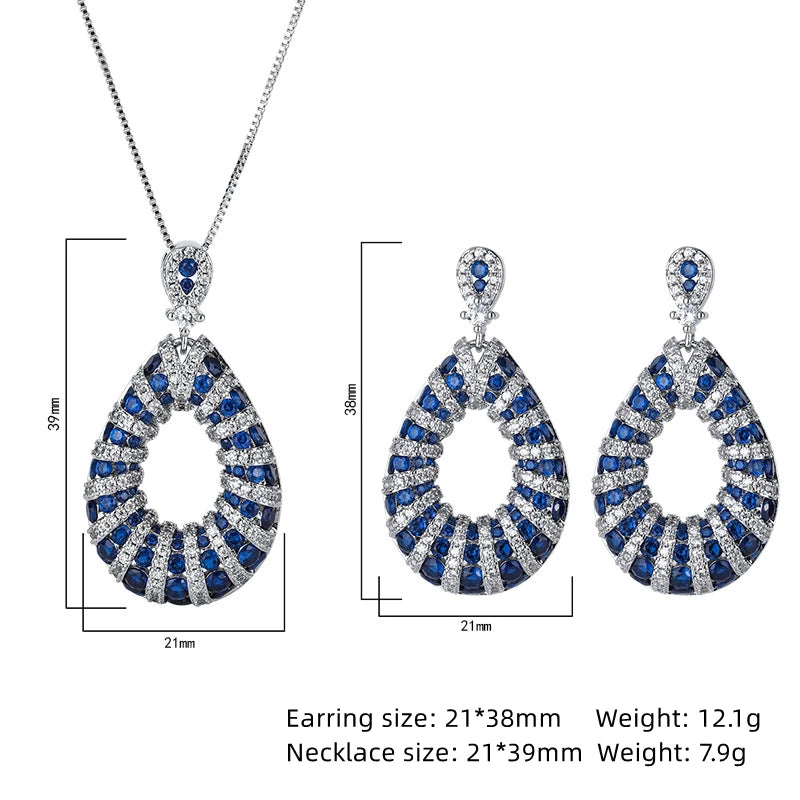 Set Trend Earring Pendant Necklace 925 Sterling Silver Oval Sapphire Crystal Luxury Jewelry Retro Wedding Gift