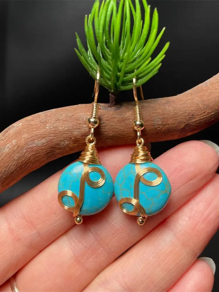 Retro Blue Turquoise Beads Twist Metal Design Drop Dangle Earring for Woman Trendy Gem Hook Earrings Unique Girl's Gift JewelryBlue 01