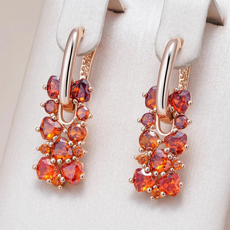 Shiny Red Natural Zircon 585 Rose Gold Drop Earrings For Women