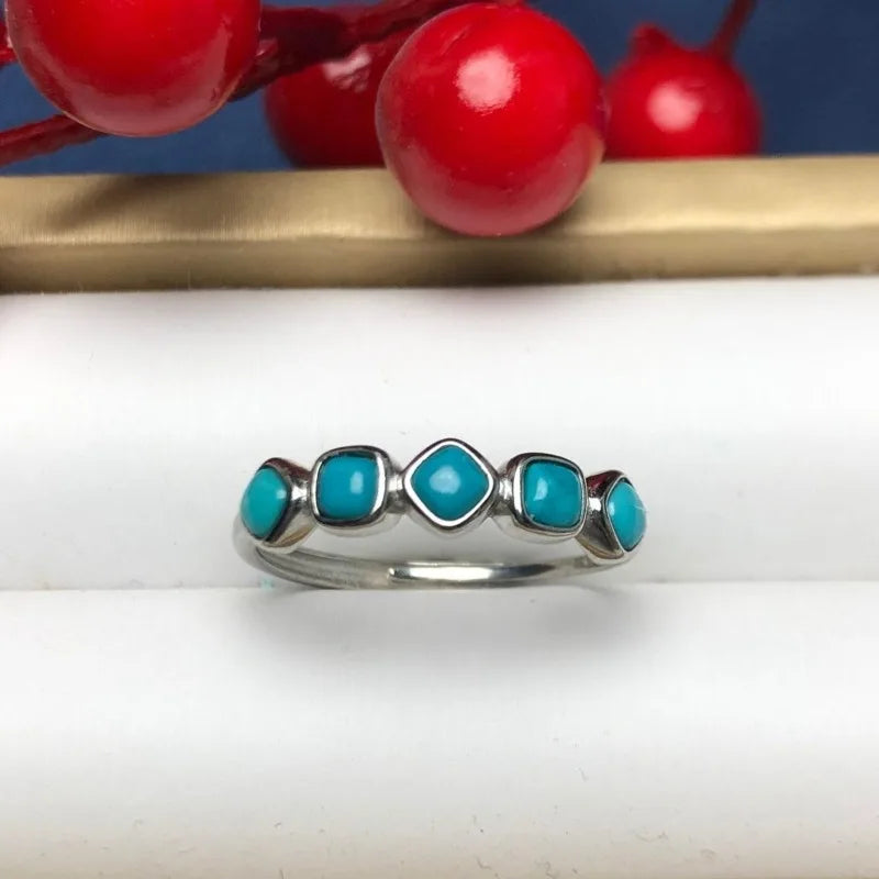 Creative 925 Silver Inlaid Blue-green Ring Single Row Exquisite