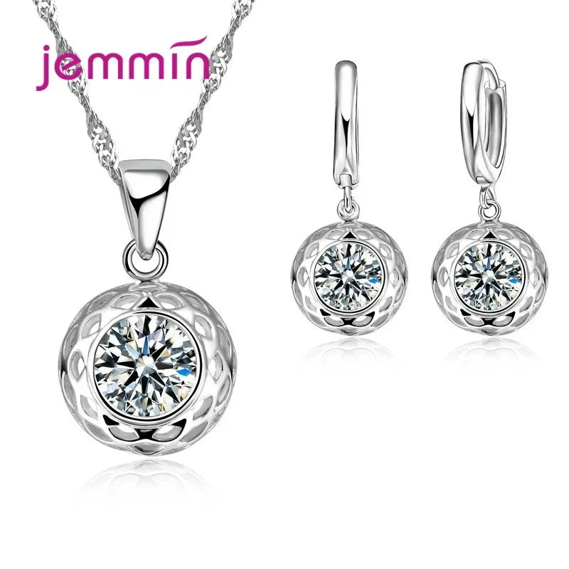 925 Sterling Silver Trendy Crystal Pendant Necklace EarringsModel 3
