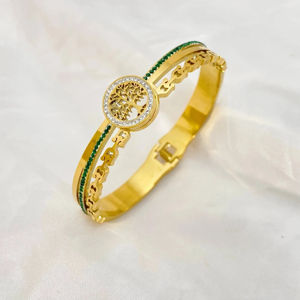 Unisex Tree of Life Bracelet – Gold CZ Luxury BangleA