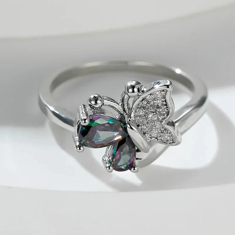 Multi-Colored Cubic Zirconia Butterfly Ring for Women