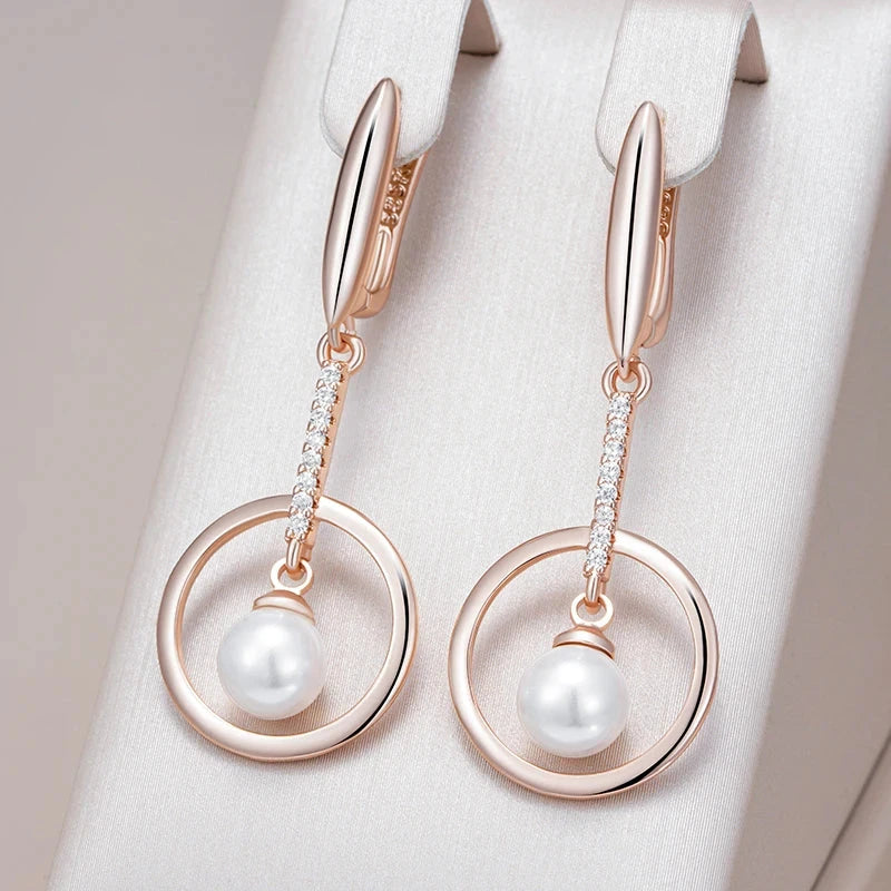 Geometry Rose Gold Pearl & Zircon Dangle Earrings for Women