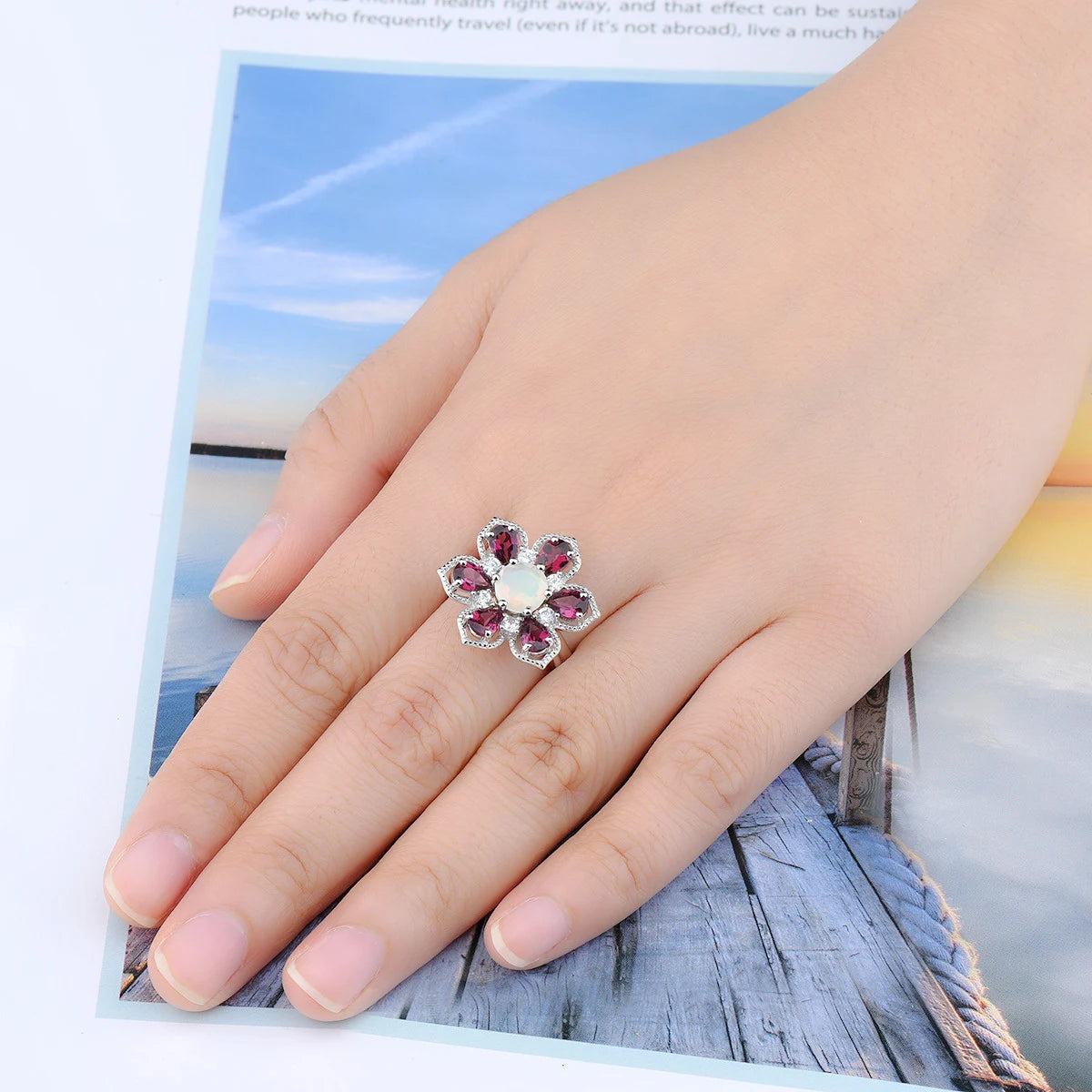 Natural Rhodolite Garnet Opal Sterling Silver Rings 3.8 Carats Genuine Gemstone Multicolor Fine Jewelry Women Exquisite Gifts