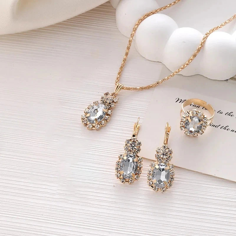 3Pcs Silver Oval Cut Cubic Zirconia Necklace Earrings Rings Set