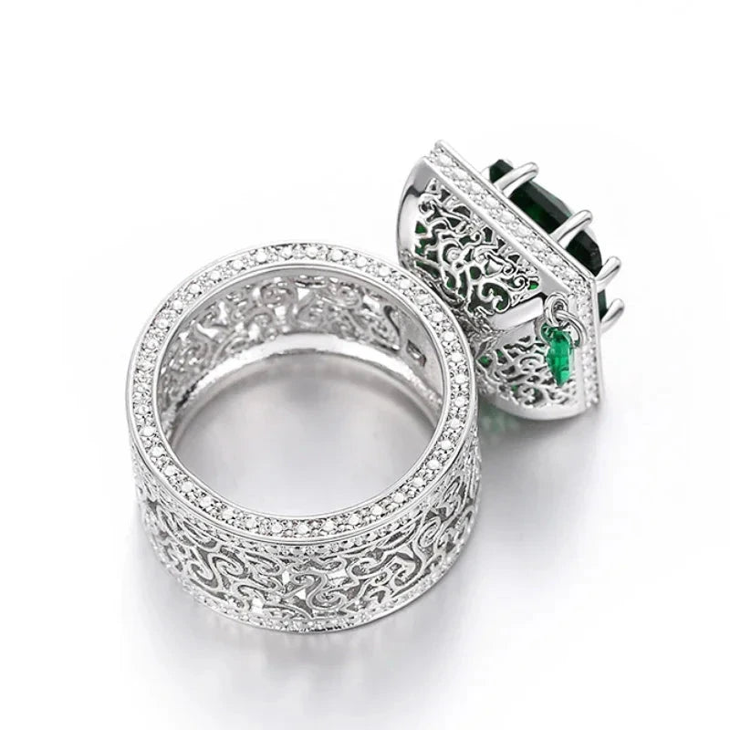 Square Green CZ Hollow Pattern Ring for Women