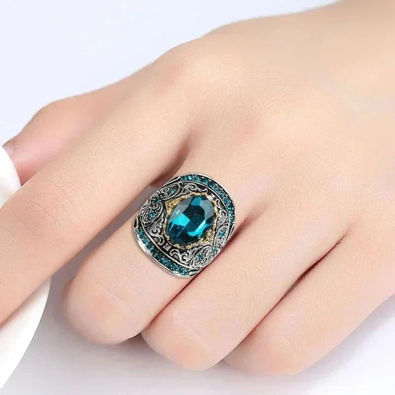 European & American Aquamarine Oval Gem Ring