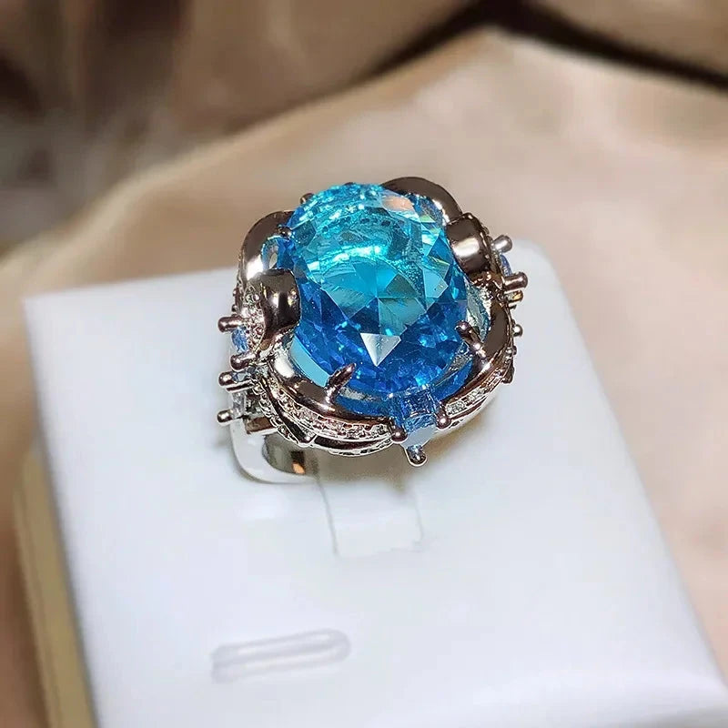 Light Blue Round Zircon Flower Rings for Women