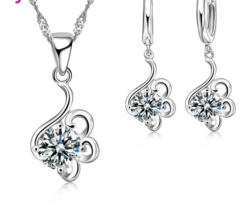 925 Sterling Silver Trendy Crystal Pendant Necklace EarringsModel 4