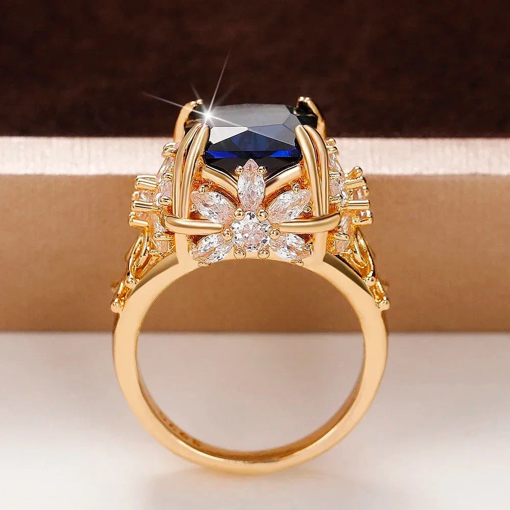 Dark Blue CZ Dazzling Flower Design Ring for Women