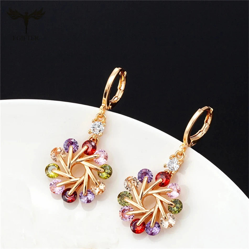 Luxury Crystal Zircon Flower Copper Dangle Earrings Women