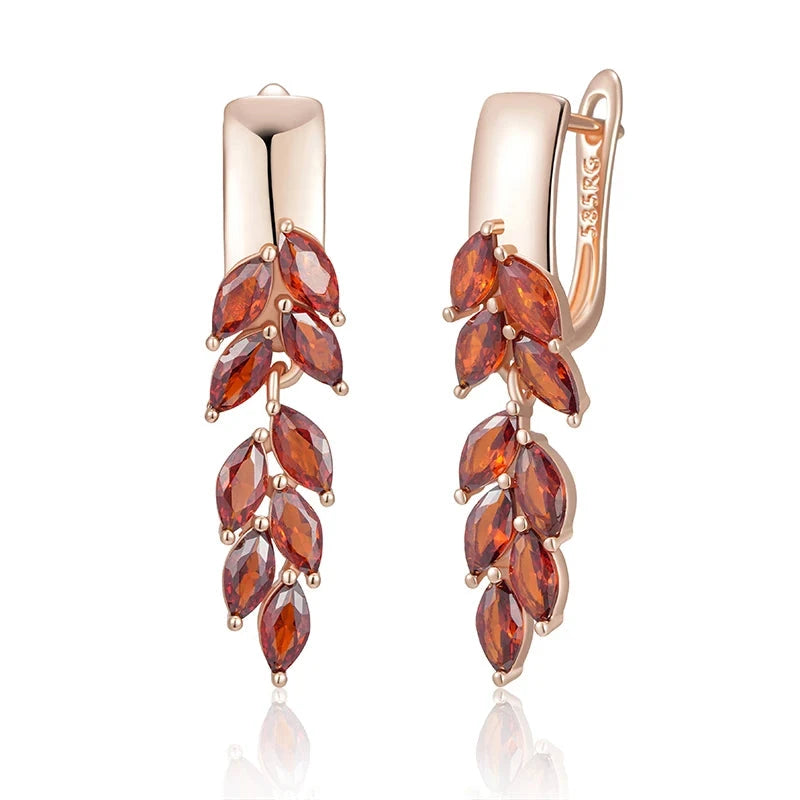 SYOUJYO Vintage Red Zircon Leaf Earrings 585 Rose Gold Color British Ear Hook Luxury Dangle Earrings For Women GiftROSE GOLD COLORCHINA