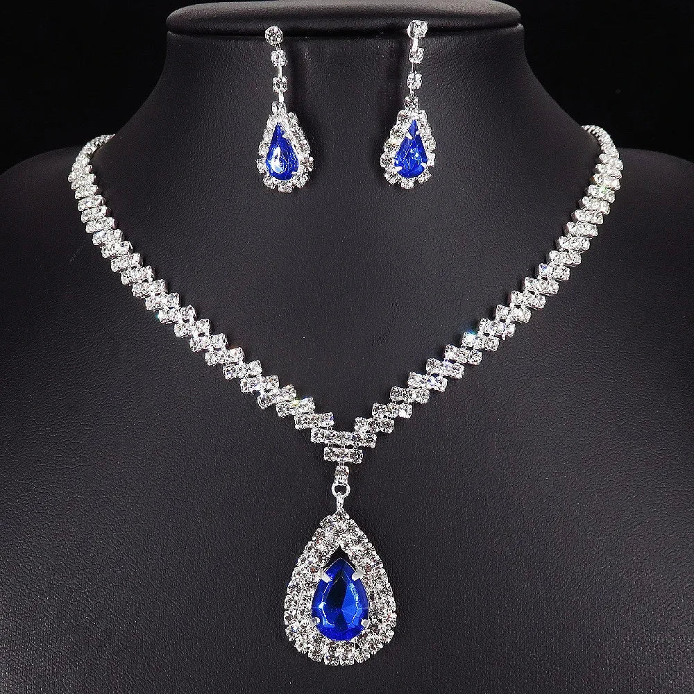 Luxury Blue Rhinestone Silver Plated Necklace Earrings Set FashionSILVER PLATED