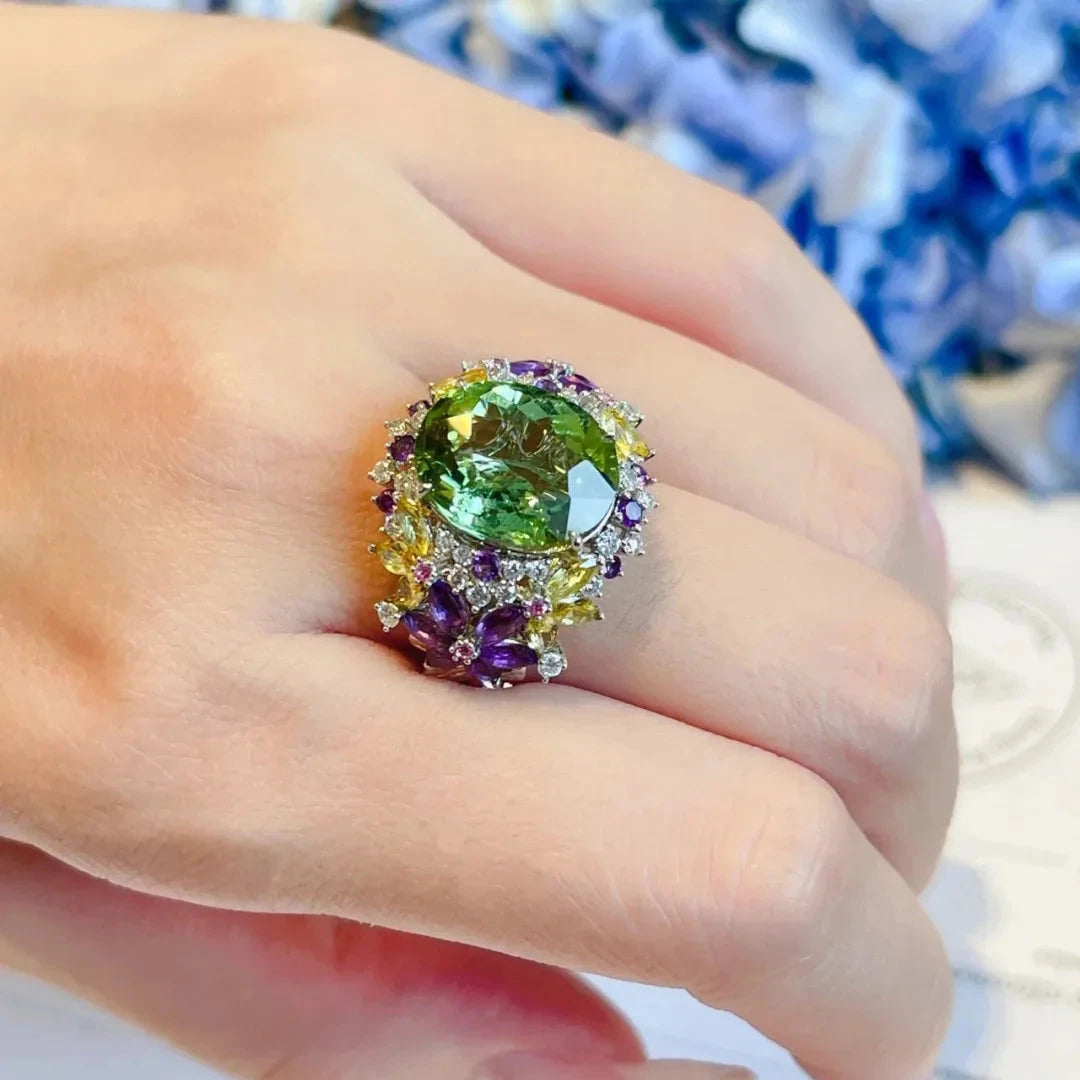 Flower Oval Silver Ring with Multi-Color Stones – Women’s Jewelry