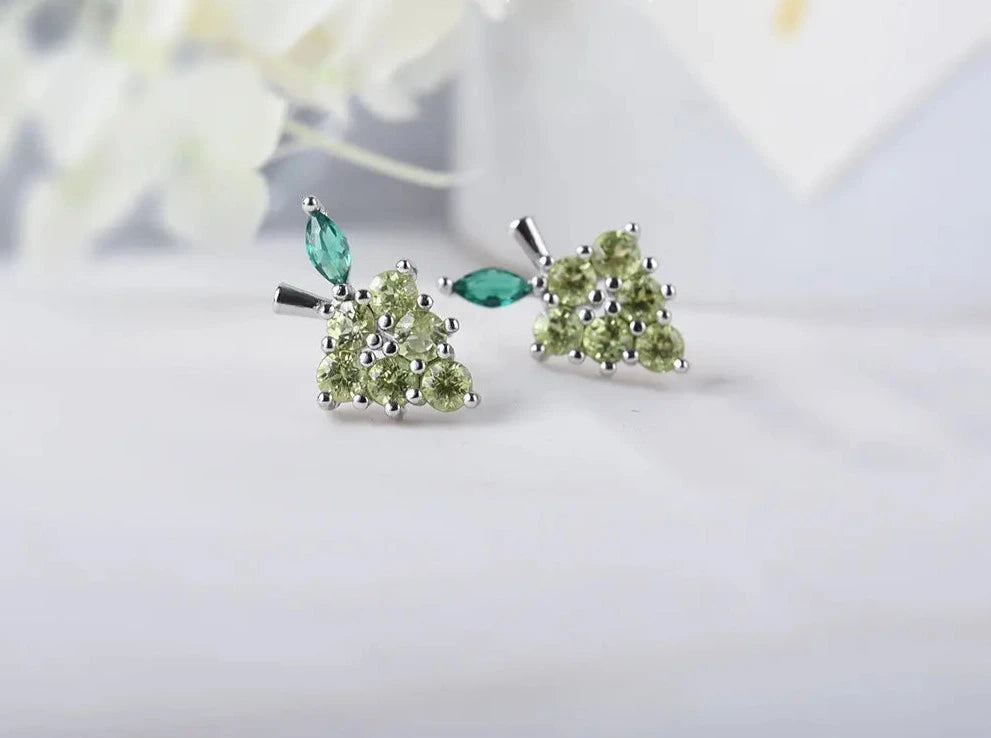 Fruit Peridot Grape Natural Gemstone Delicate Crystal Fruits Silver Stud EarringsPeridot