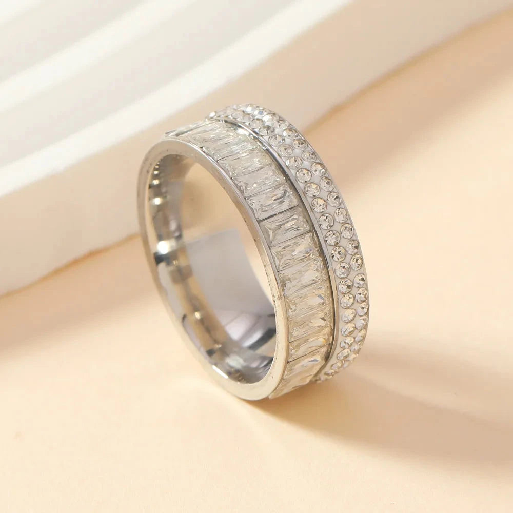 8MM Luxury Zircon Stainless Steel Finger Ring For WomenSilverCHINA