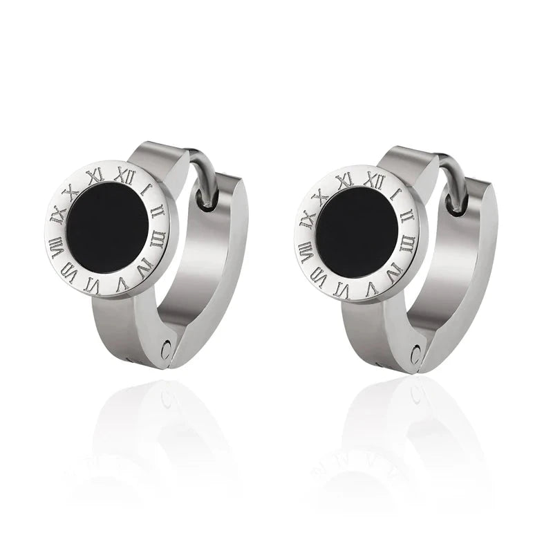 Elegant Roman Numeral Hoop Earrings – White Shell & Black EnamelSilver Black