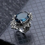 Vintage Oval Blue CZ Carved Pattern Ring for Women