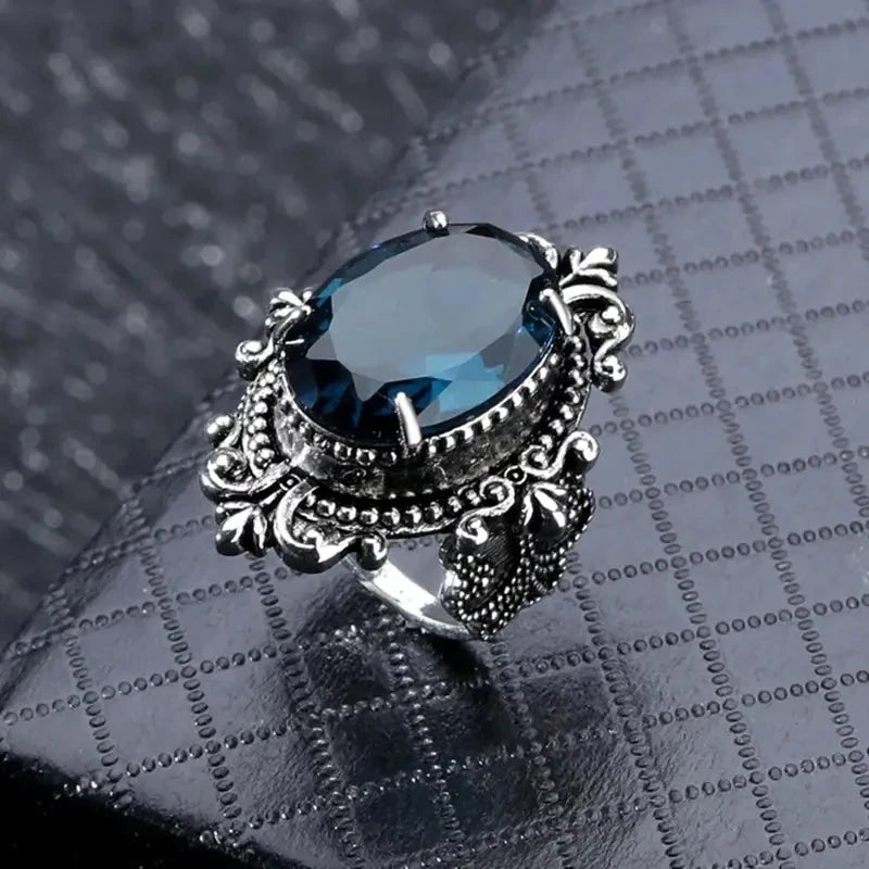 Vintage Oval Blue CZ Carved Pattern Ring for Women