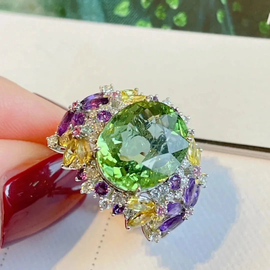 Flower Oval Silver Ring with Multi-Color Stones – Women’s JewelrySilver Colorresizable