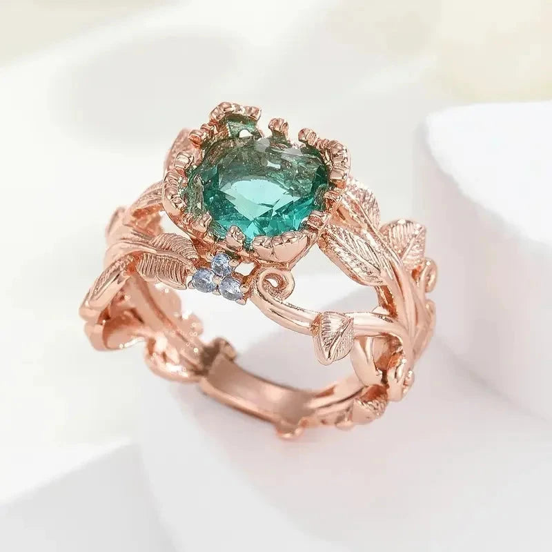 Vintage Inlaid Green Stone Flower Round - Rose Gold Color Rings