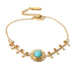18K Gold-Plated Stainless Steel Bracelet Vintage Natural Stone TurquoiseWF0355