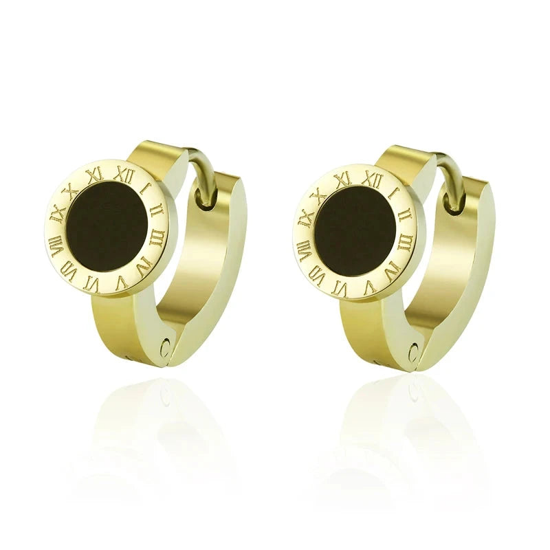 Elegant Roman Numeral Hoop Earrings – White Shell & Black EnamelGold Black