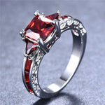 Elegant Silver Princess Cut Red Stone Ring