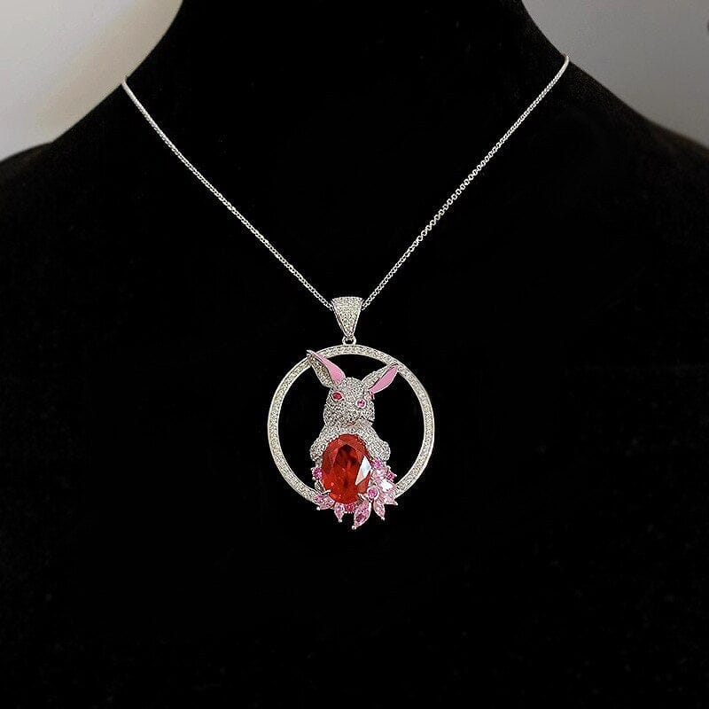 10*14MM Oval Cut Ruby Gemstone Rabbit 925 Sterling Silver Pendant NecklaceNecklace