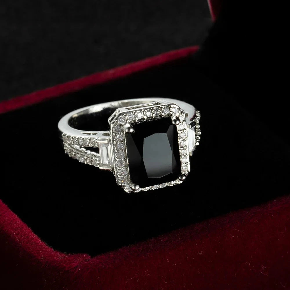 Charm Female Black Square Zircon Stone Ring 925 Sterling Silver Promise Weddind Rings for Women Big Crystal Ring Jewelry Anillos