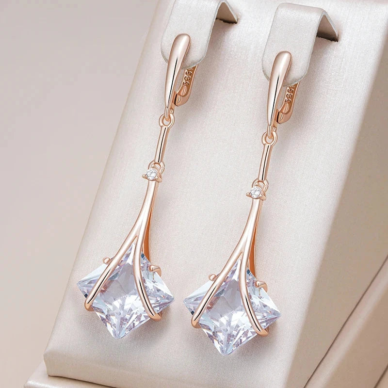 Shiny White Zircon Drop Earrings – 585 Rose Gold