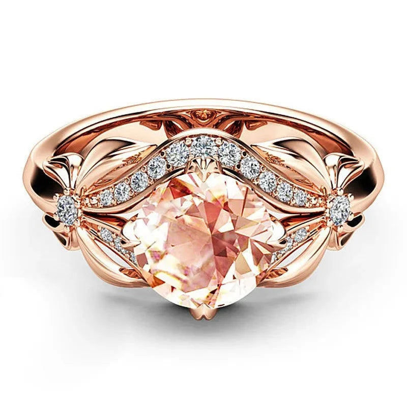 Rose Gold Color Metal Flower Round Rose Stone Ring for Women