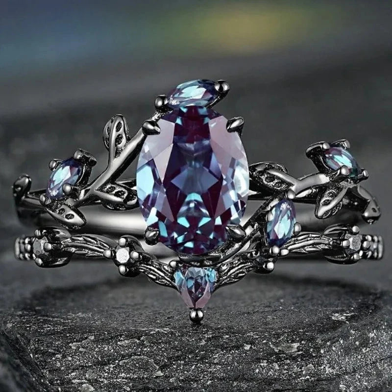 Retro Gun Black Leaf Ring with Colorful Stones6Multicolour
