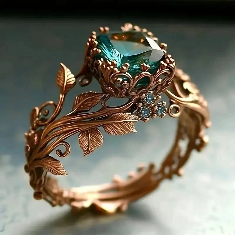 Vintage Inlaid Green Stone Flower Round - Rose Gold Color Rings8Ring
