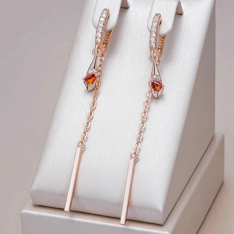 Red Zircon Rose Gold Long Tassel Dangle Earrings for Women