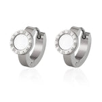 Elegant Roman Numeral Hoop Earrings – White Shell & Black EnamelSilver White