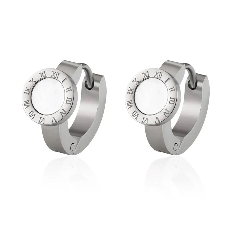 Elegant Roman Numeral Hoop Earrings – White Shell & Black EnamelSilver White