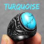 Turquoise Carved Men Rings Stainless Steel Vintage LookR1214-Turquoise7