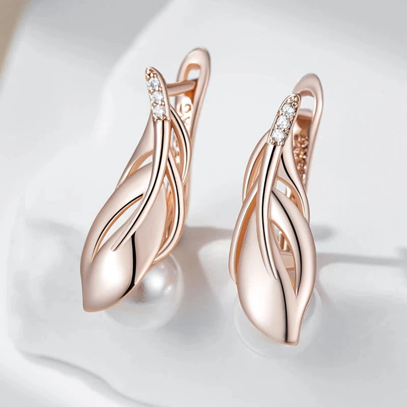 Pearl Leaf Drop Earrings – Rose Gold & Zircon