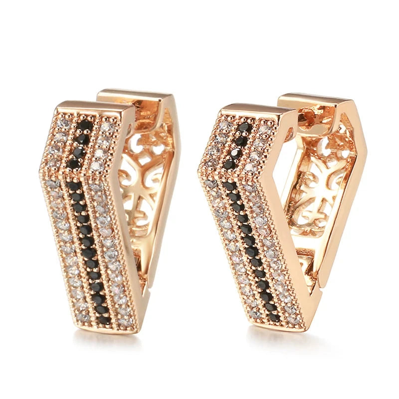 Unique Black White Stone V Shape 585 Rose Gold Earrings For Women
