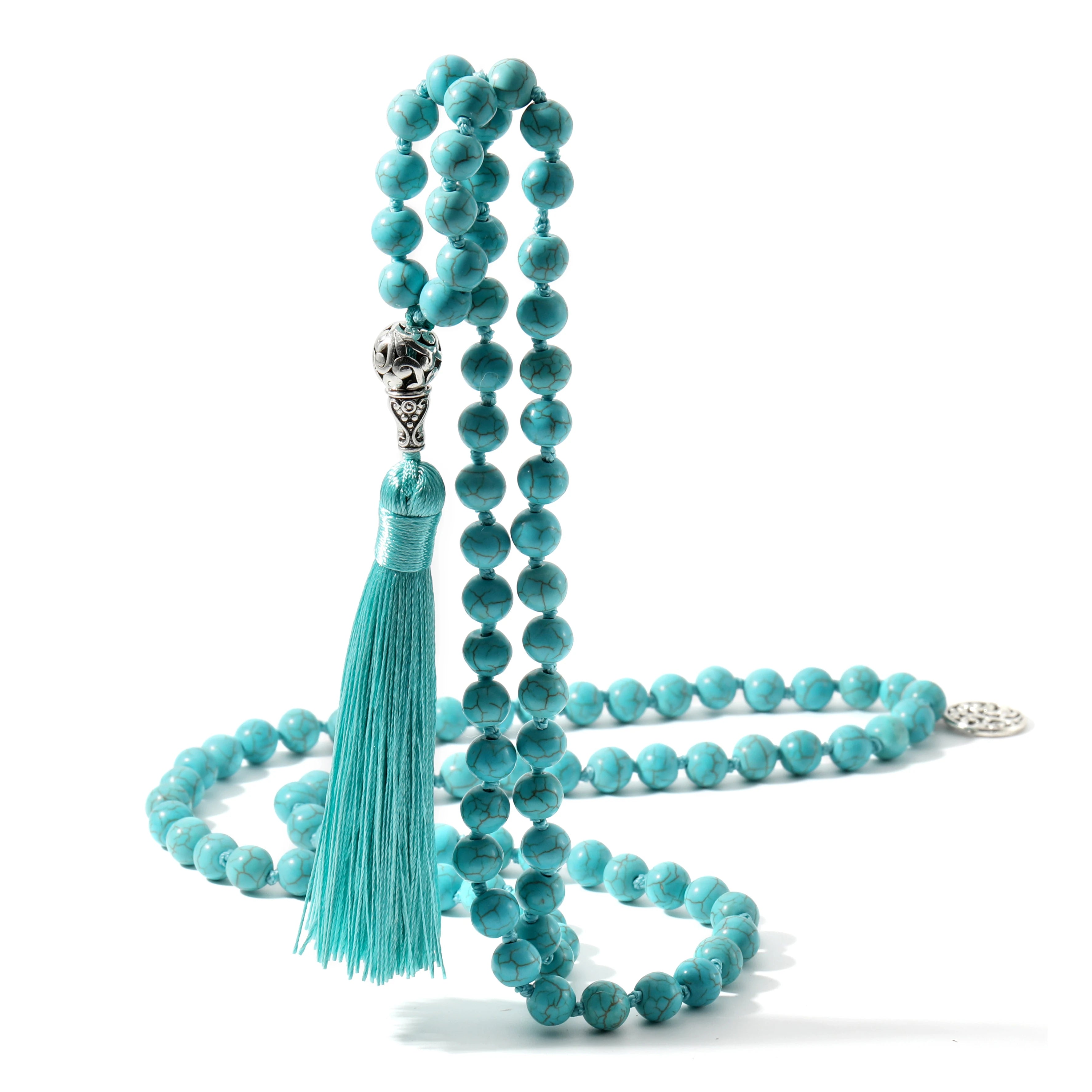 Turquoise Beads Knotted Necklace Meditation