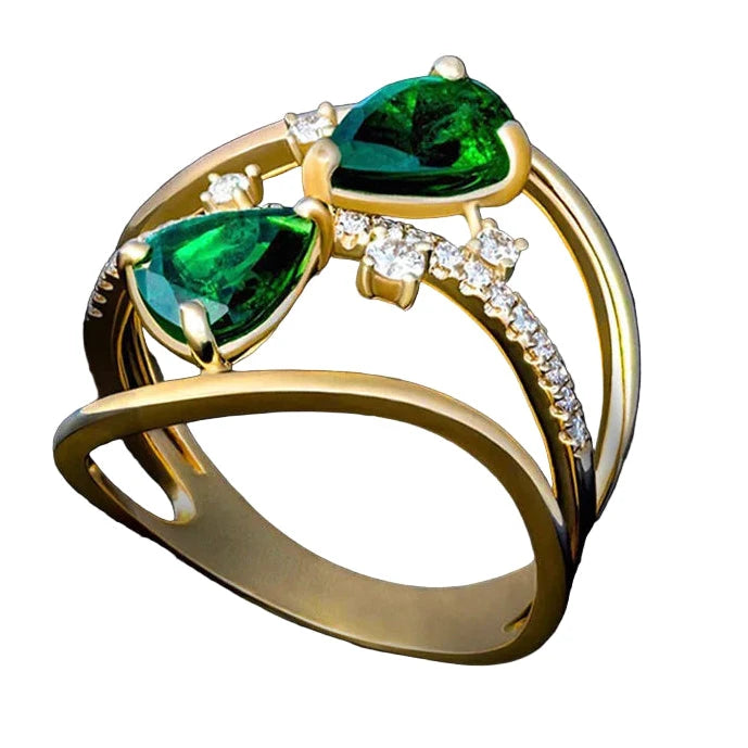Gold Teardrop Green Crystal Ring